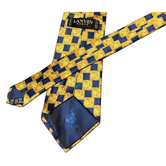 Pair of Authentic LANVIN Paris Paisley Design On Blue Gold 100% Silk Necktie Tie - Picture 7 of 11
